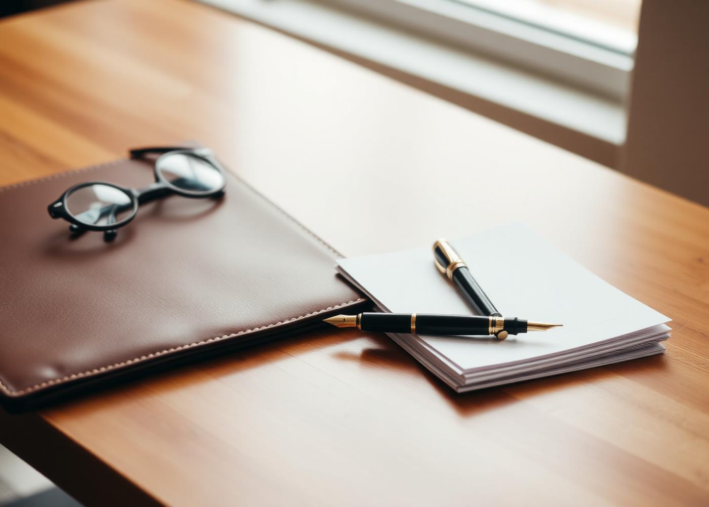 Professional office desk with portfolio, pen and reading glasses